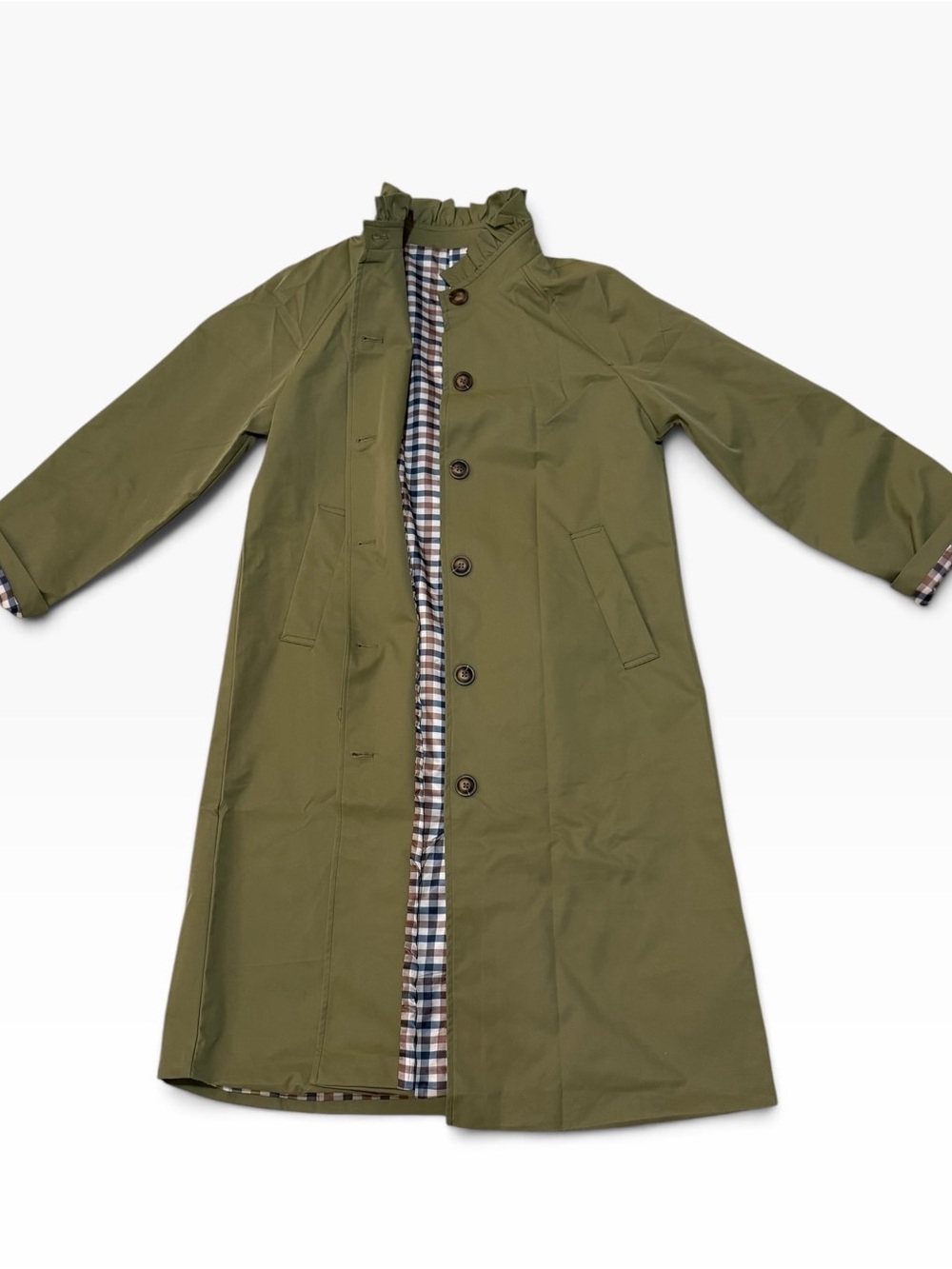 Army Green Long Trench Coat with Plaid Lining